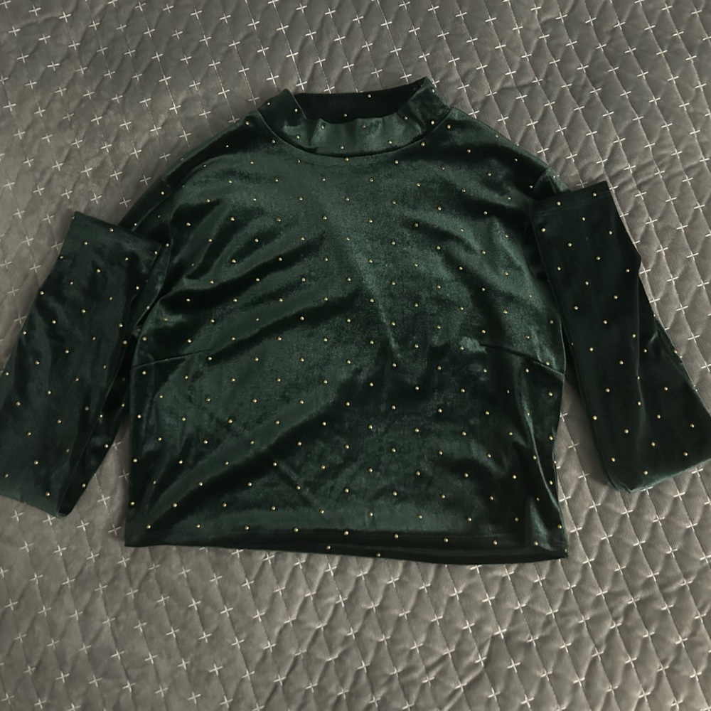 Forever 21 Emerald Green Velvet Cropped Top w/ Gold Beads